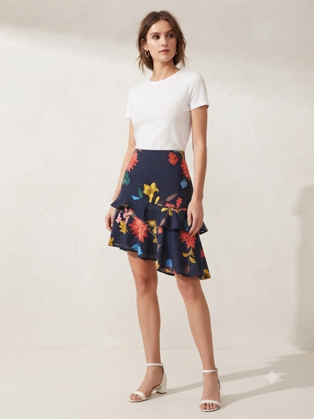Floral Ruffle Asymmetrical Skirt - Black Size Small